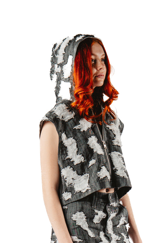 DISTRESSED DENIM HOODED TOP