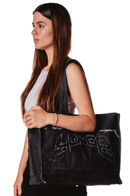 DISTRESSED LOGO INDIGO HANDBAG