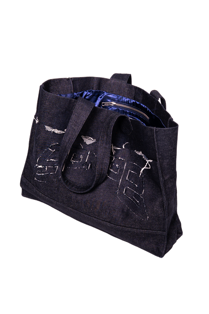 DISTRESSED LOGO INDIGO HANDBAG